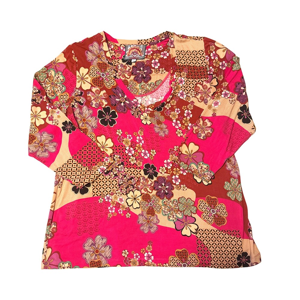 Johnny Was Yama Pink Floral  V-Neck Long Sleeve Top Medium M Swing Tee boho euc